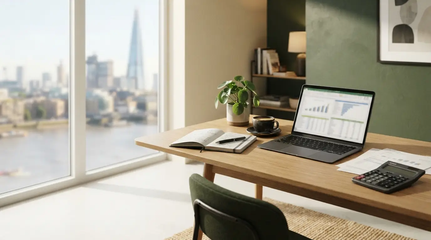 A calm home-office desk with a laptop, notebook and coffee, overlooking the city — the kind of setting where tax and accounting work gets done